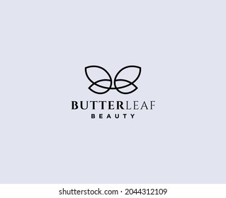 leaf logo and butterfly shape with monoline, simple monogram and florish stacked on top, for spa, salon, fashion beauty, nature and boutique