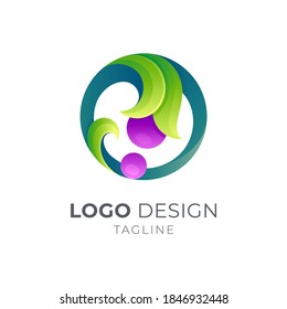 Leaf logo in circle shape with 3d carving concept