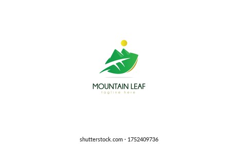 Diseño del logo de la hoja combinada con montañas. vector