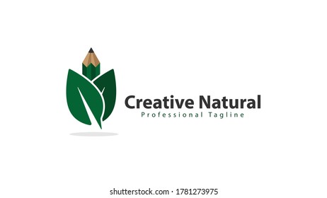 The leaf logo design is combined with a pencil symbol of creativity. vector