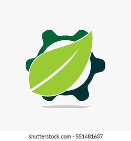 Leaf logo design. Green leaf circle sign symbol. Save energy abstract illustration. Leaf and gear vector icons.