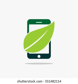 Leaf logo design. Green leaf circle sign symbol. Save energy abstract illustration. Leaf and phone vector icons.