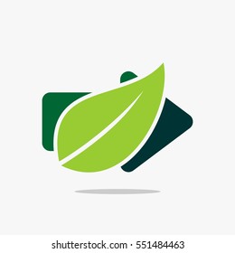 Leaf logo design. Green leaf circle sign symbol. Save energy abstract illustration. Leaf and arrow vector icons.
