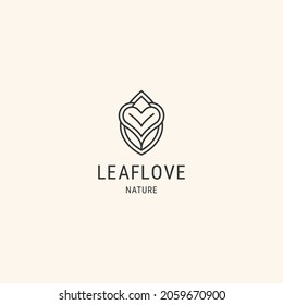 Leaf logo design template circled with heart, flat line style logo. 