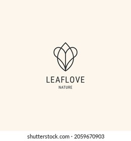 Plantilla de diseño de logotipo de hoja con el logotipo de corazón, de línea plana. 