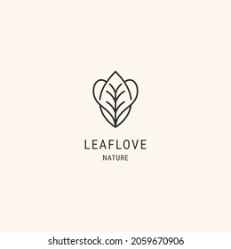 Plantilla de diseño de logotipo de hoja con el logotipo de corazón, de línea plana. 