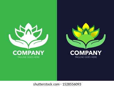 Leaf logo design vector illustration. Hand holding leaf. Eps 10