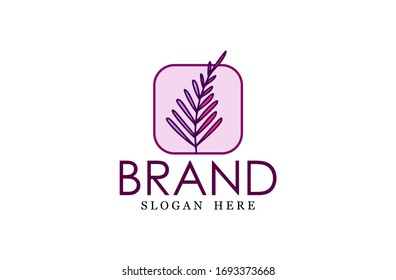 Leaf logo, free hand vector leaf, purple leaf with frame and brand
