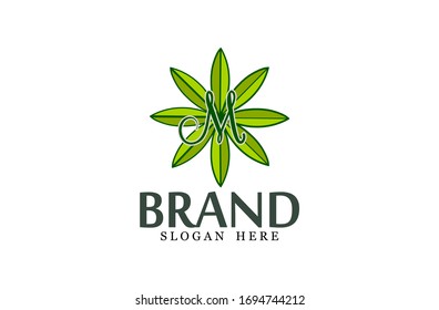 Leaf logo, free hand vector leaf, eight greens leaves with frame and brand
