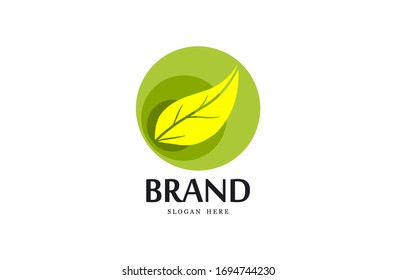 Leaf logo, free hand vector leaf, single yellow leaf with green circle and brand