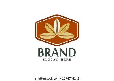 Leaf logo, free hand vector leaf, five brown leaves with frame and brand