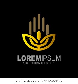 Leaf logo and hand with line design illustration, gold logo 