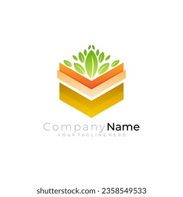 Logo de la hoja y plantilla de diseño hexágono, logotipos de la naturaleza, 3d colorido
