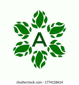 LEAF LOGO WITH LETTER A, B, C, D, E, F, G, H, I, J. GREEN LEAF LOGO GREAT FOR NATURE COMPANY.