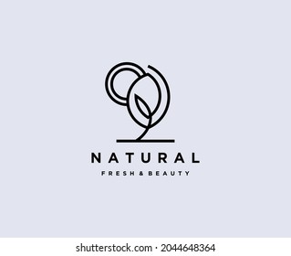 leaf logo with monoline, simple monogram and florish stacked, for spa, salon, fashion beauty, nature and boutique
