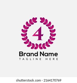 Leaf Logo On Letter 4 Template. Leaf On 4 Letter, Initial Fashion and Beauty Sign Concept 