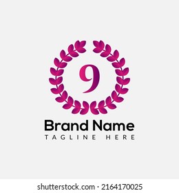 Leaf Logo On Letter 9 Template. Leaf On 9 Letter, Initial Fashion and Beauty Sign Concept 