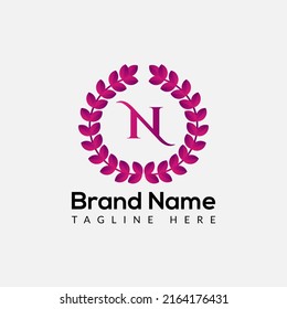 Leaf Logo On Letter N Template. Leaf On N Letter, Initial Fashion and Beauty Sign Concept 