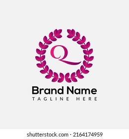 Leaf Logo On Letter Q Template. Leaf On Q Letter, Initial Fashion and Beauty Sign Concept 