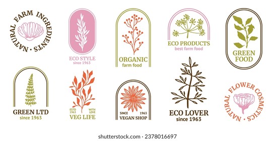 Leaf logo. Organic food icons. Modern eco shapes with brush flowers. Green plant. Ecology product. Bio cosmetic. Botanical silhouette elements. Vegan shop emblems set Vector elegant design template