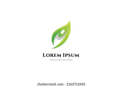 leaf logo and people shape. symbol of agriculture, health, nature conservation and natural ecosystems. flat design concept with green color gradient