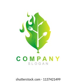 Leaf logo with restaurant design template, Abstract icon, Leaf and cutlery logo