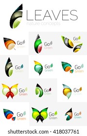 Leaf logo set. Vector collection of abstract geometric design futuristic leaves - go green logotypes. Created with color overlapping geometric elements - waves and swirls. Shiny and glossy effects