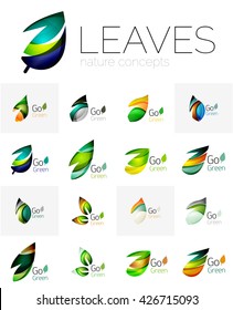 Leaf logo set. Vector collection of abstract geometric design futuristic leaves - go green logotypes. Created with color overlapping geometric elements - waves and swirls. Shiny and glossy effects