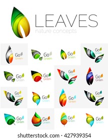 Leaf logo set. Vector collection of abstract geometric design futuristic leaves - go green logotypes. Created with color overlapping geometric elements - waves and swirls. Shiny and glossy effects