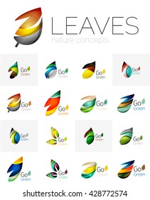 Leaf logo set. Vector collection of abstract geometric design futuristic leaves - go green logotypes. Created with color overlapping geometric elements - waves and swirls. Shiny and glossy effects