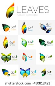 Leaf logo set. Vector collection of abstract geometric design futuristic leaves - go green logotypes. Created with color overlapping geometric elements - waves and swirls. Shiny and glossy effects