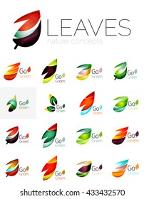Leaf logo set. Vector collection of abstract geometric design futuristic leaves - go green logotypes. Created with color overlapping geometric elements - waves and swirls. Shiny and glossy effects