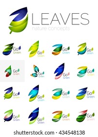 Leaf logo set. Vector collection of abstract geometric design futuristic leaves - go green logotypes. Created with color overlapping geometric elements - waves and swirls. Shiny and glossy effects
