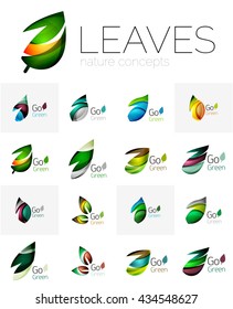 Leaf logo set. Vector collection of abstract geometric design futuristic leaves - go green logotypes. Created with color overlapping geometric elements - waves and swirls. Shiny and glossy effects