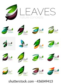 Leaf logo set. Vector collection of abstract geometric design futuristic leaves - go green logotypes. Created with color overlapping geometric elements - waves and swirls. Shiny and glossy effects