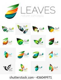 Leaf logo set. Vector collection of abstract geometric design futuristic leaves - go green logotypes. Created with color overlapping geometric elements - waves and swirls. Shiny and glossy effects