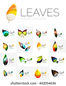 Leaf logo set. Vector collection of abstract geometric design futuristic leaves - go green logotypes. Created with color overlapping geometric elements - waves and swirls. Shiny and glossy effects