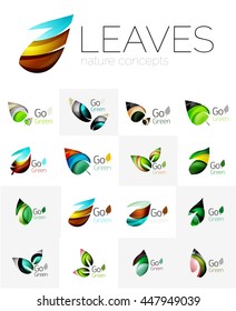 Leaf logo set. Vector collection of abstract geometric design futuristic leaves - go green logotypes. Created with color overlapping geometric elements - waves and swirls. Shiny and glossy effects