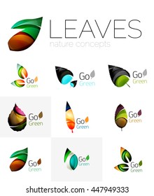 Leaf logo set. Vector collection of abstract geometric design futuristic leaves - go green logotypes. Created with color overlapping geometric elements - waves and swirls. Shiny and glossy effects