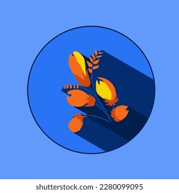Logo de la hoja con sombras. Pintura tradicional ucraniana de Petrykivka. Elementos de adorno floral azul-amarillo. Ilustración vectorial decorativa.