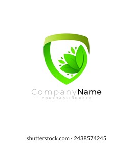 Leaf logo and shield design nature, green color and security icons