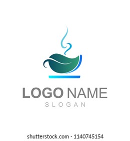 leaf logo and tea drink with a simple look, cafe design illustration