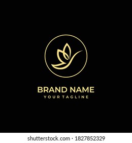 Leaf logo that resembles a bird. Label of beauty salon with Butterfly and cosmetics. Emblem template for branding, design elements. Sign, label, identity, badge for business brand. Vector Illustration