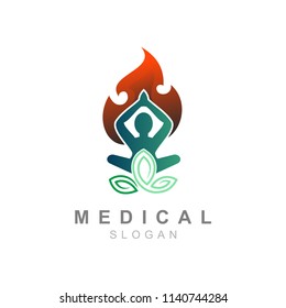 
leaf logos and yoga people with a simple look, fire and people icon, medical logo design