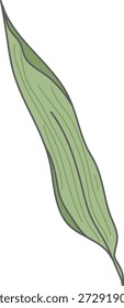 Hoja con forma curva larga y sutiles venas, delineadas con trazos limpios. Símbolo de la naturaleza, el crecimiento, la frescura ecológica y la marca de bienestar. Ilustración vectorial de dibujos animados.