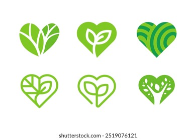 Leaf Love green heart logo, A set of green heart-shaped icons symbolizing love, nature, and eco-friendly concepts