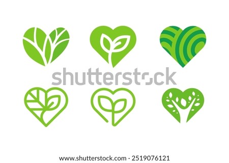 Leaf Love green heart logo, A set of green heart-shaped icons symbolizing love, nature, and eco-friendly concepts