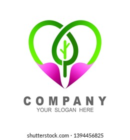 Leaf love logo design, green nature love design vector