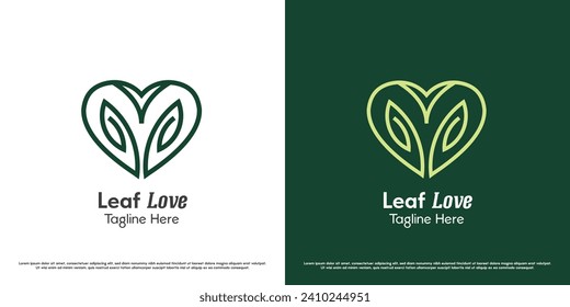 Leaf love logo design illustration. Silhouette shape line art heart tree plant green fresh eco floral care environment bio seed nature. Minimal abstract simple flat icon symbol.
