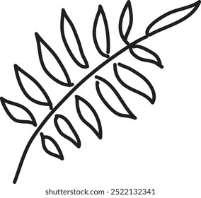 leaf with many leaves, palm leaf hand drawn with black brush, white background, easy to edit, cartoon